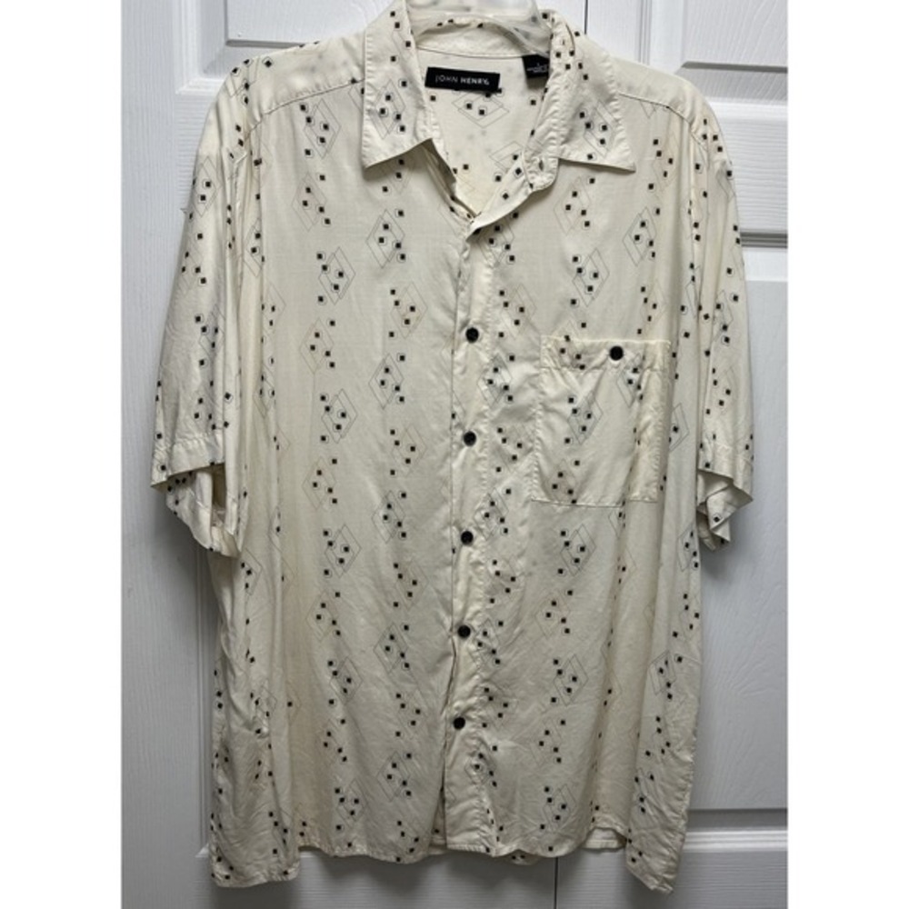 John Henry Mens Button‎ Up Shirt Large Beige Geometric Patterns Short Sleeve L